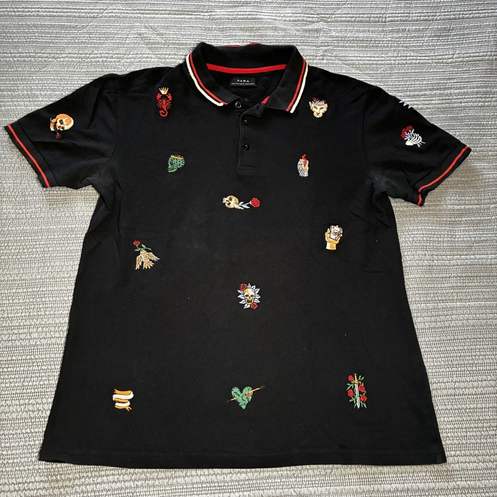 Zara Man Black Embroidered Polo Shirt‎ Mens Medium Skulls Scorpion Heart Dagger